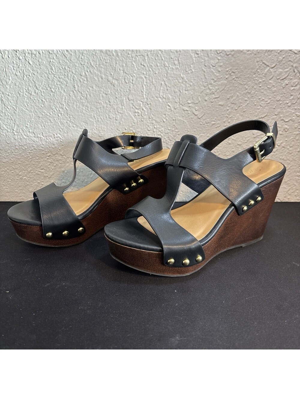 City Classified Studded Wedge Sandals Black Faux Leather Size 6.5 Wood Platform